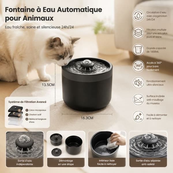 Automatisk vandfontæne - HAWUJ - Model 1800 ml - Multilagsfiltrering - Støjsvag - 360° adgang svart grå
