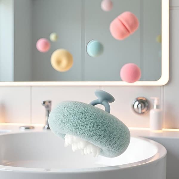 1 ljusblå badsvamp med sugpropp, exfolierande svamp för kroppen (solrosmönster), badaccessoar