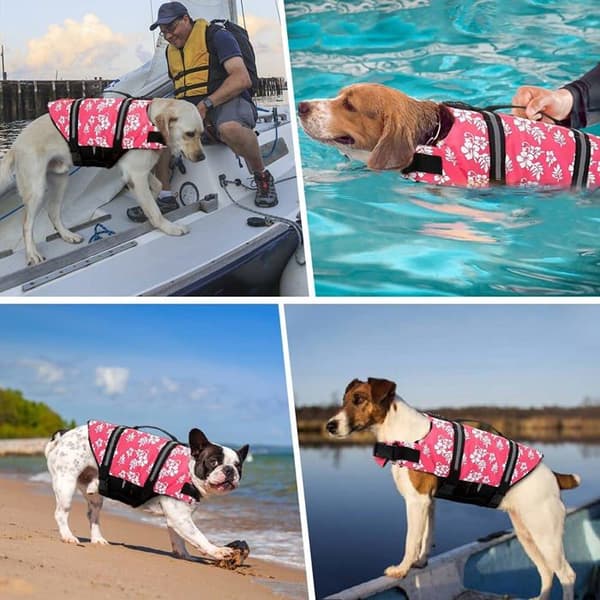 Redningsvest til hund, justerbar og reflekterende model, fremragende flydeevne (rosa blomsterdesign, størrelse M)