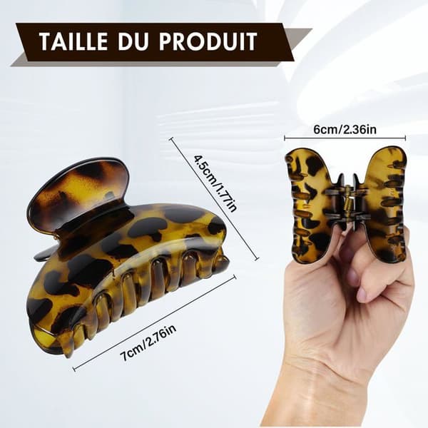 Hårnåle - SONGHUI - Sæt med 3 krabbe-nåle - Antiskrid - Leopard- og sort mønster - Kompakte 7×4,5 cm Skinande svart