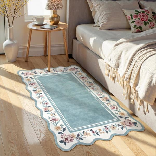 Køkkenteppe med blomsterdesign (ca. 60 x 90 cm), skridsikkert og vaskbart, velegnet til indgange, badeværelser og soveværelser (blå)