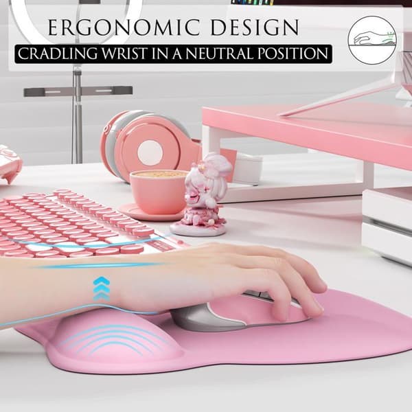 Ergonomisk musemåtte, 9,4 x 8,1 tommer, lyserød | Ergonomisk design, komfortabel gel håndledsstøtte, glat overflade