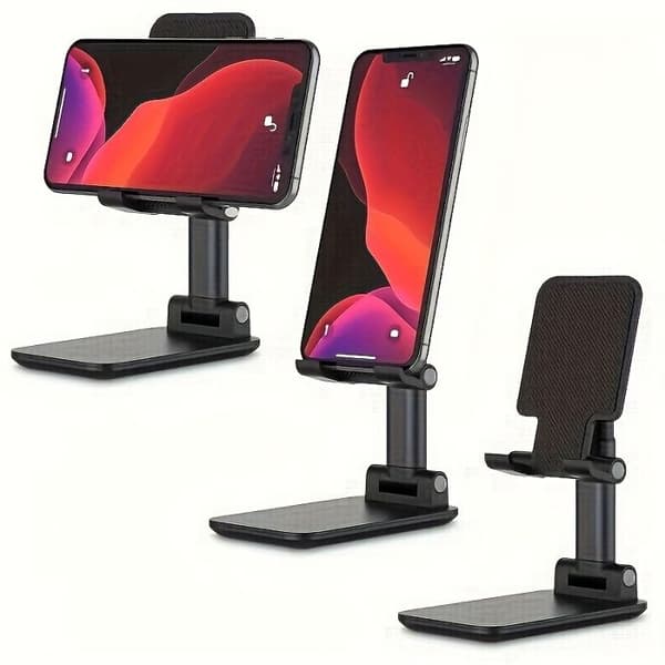 Justerbar og sammenfoldelig skrivebordsstøtte til telefon og tablet, universel holder kompatibel med iPhone iPad