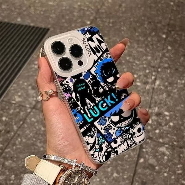 iPhone-cover, graffiti-mønster, sølvramme, PC-materiale, stødabsorberende - hvid.