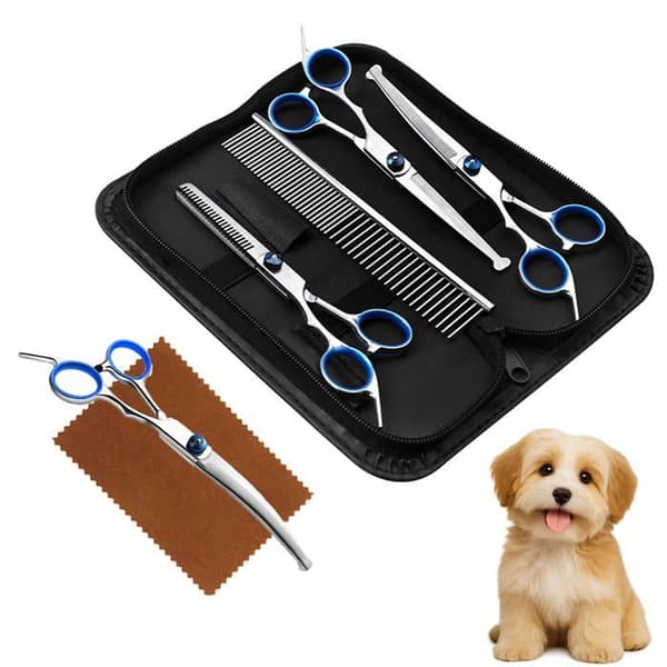 Hundeklippesaks - SONGHUI - Sæt med 4 par + etui - Rustfrit stål titanium - Rund sikkerhedsspidse - Skridsikker håndtag Svart