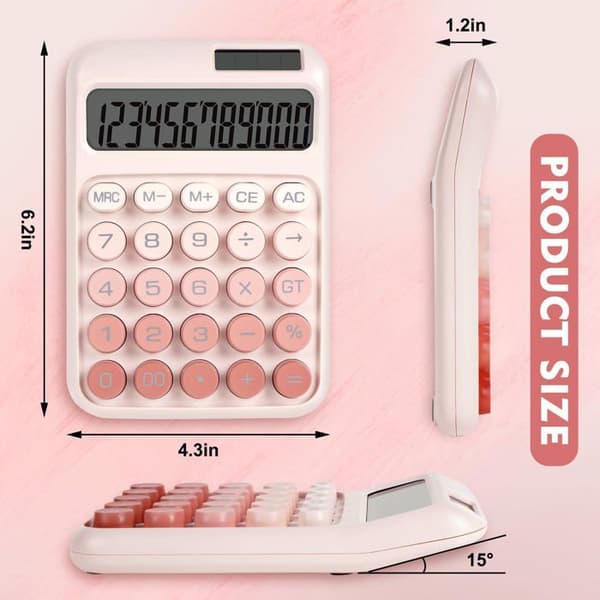 Kalkylator med mekanisk stil – 12-siffrig display, dubbel strömförsörjning (sol och batteri), stor LCD-skärm (rosa)