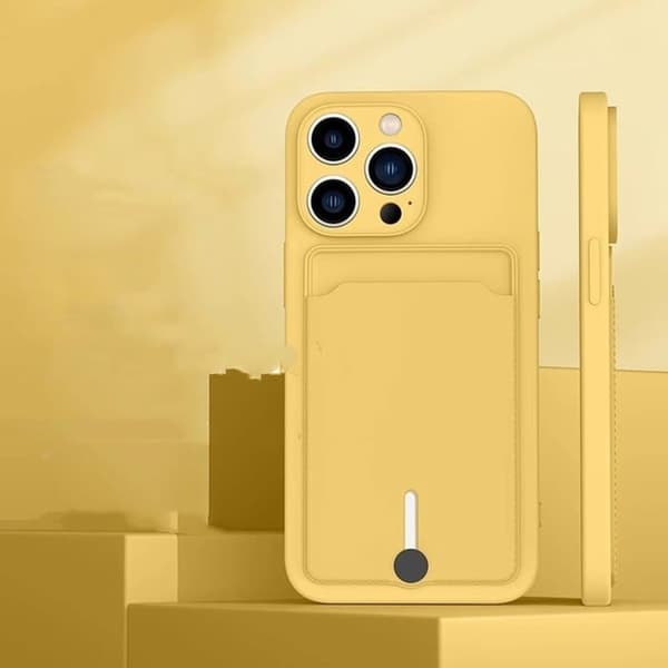 iPhone 15 Pro Max etui, med plads til SIM-kort, i blødt silikone, gul.