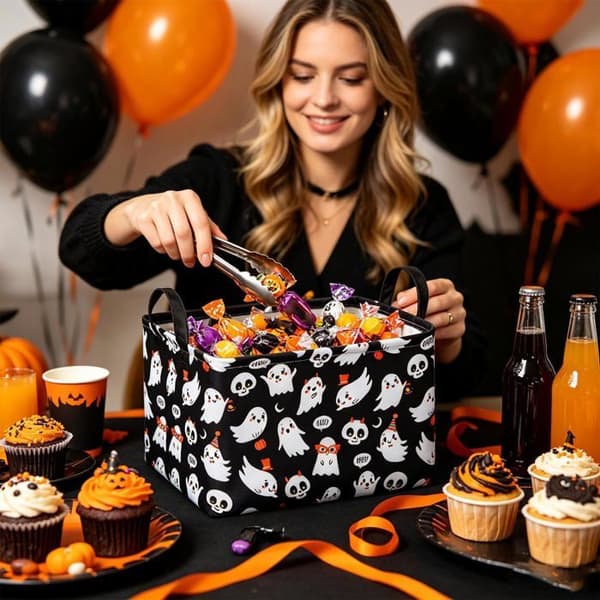 Foldbar opbevaringsboks til Halloween - [Sort baggrund med lanterner og spøgelser]
