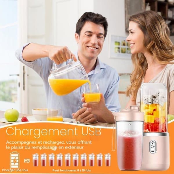 Blander bærbar - SONGHUI - 400 ml - Genopladelig 1500 mAh USB - 6 rustfrie stålblade - 21 000 omdr/min - Rosa