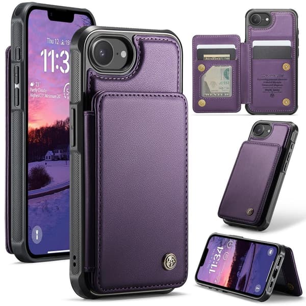(För iPhone 16E) PU-läder plånboksfodral med RFID-skydd och kortfäste brun