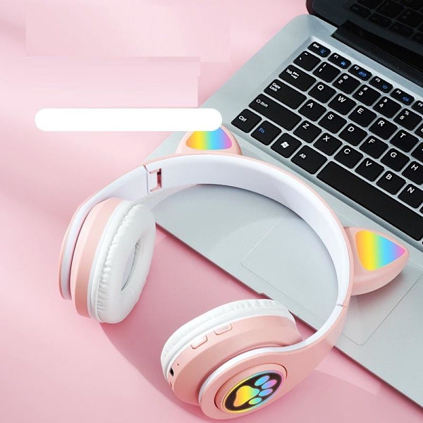 kattöron trådlösa hörlurar bluetooth led lights rosa