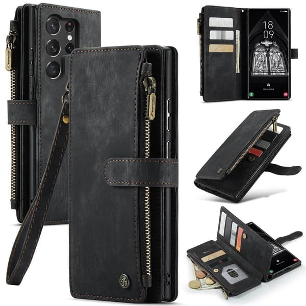 (För Samsung S23 Plus) Retro läderfodral med kortfack, kickstand och handledsrem blå