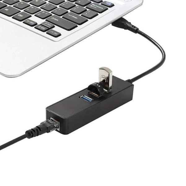 USB3 A-uros, Gigabit RJ45 verkkoadapteri, 3x USB3 naaras, musta