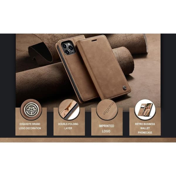 (För iPhone 14 Plus) CaseMe retro läder plånboksfodral med stativ och kortfack brun