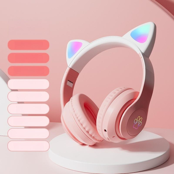 cat ears headset trådløs cat bluetooth hovedtelefoner vaaleanpunainen