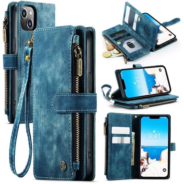 (Til iPhone 12 MINI) Retro læder pung etui med 5 kortpladser og stativ sort