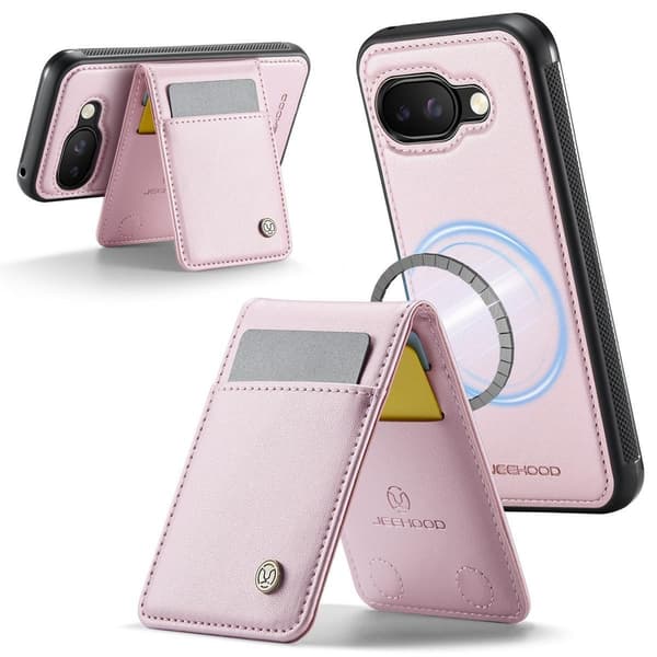 (Til Pixel 9/9 Pro) Aftageligt tegnebogs etui til telefon med RFID-blokering og multi-view stativ lyserød
