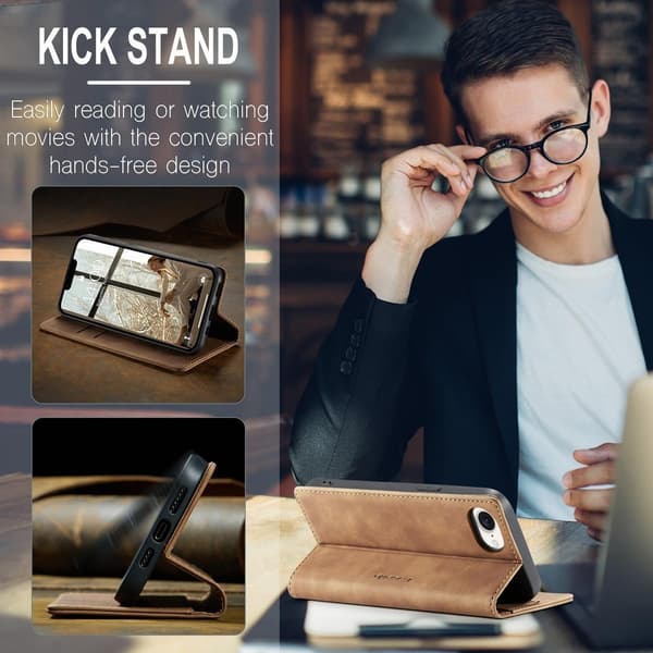 (För iPhone 14 Plus) Retro läderplånbok telefonfodral med kickstand och kortfack kaffe