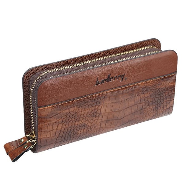 Mens Clutch Bag Handväska Läder dragkedja Long Wallet Business H Ljusbrun