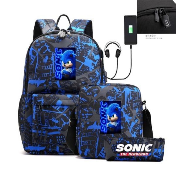 Sonic rygsæk penalhus skulderrem tasker pakke (3 stk) sort/blå 1