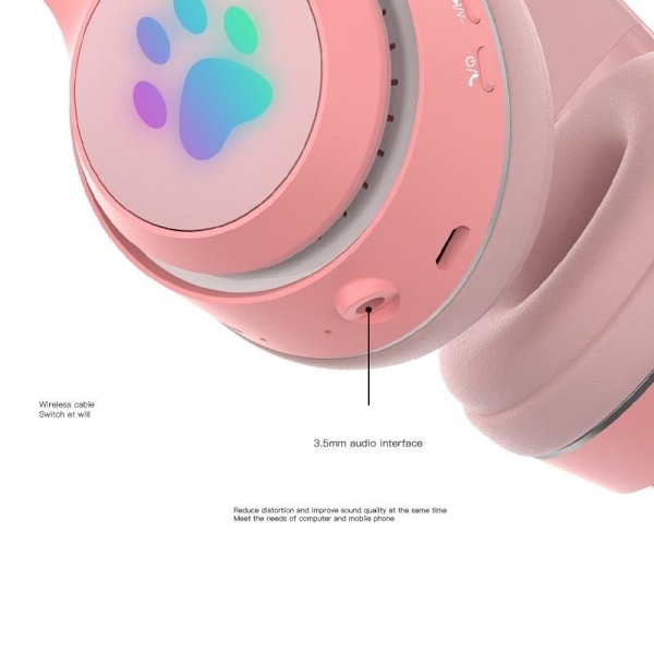 kattöron trådlösa hörlurar bluetooth led lights rosa