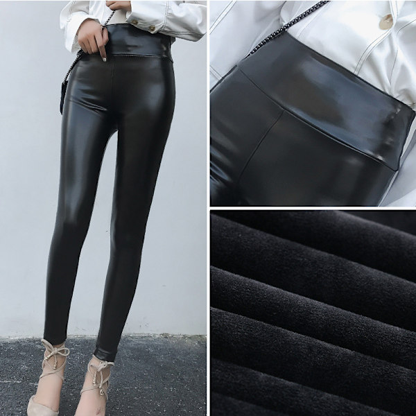 Vinter varm læder sort sexede leggings bukser høj talje tyndt fleece xxl