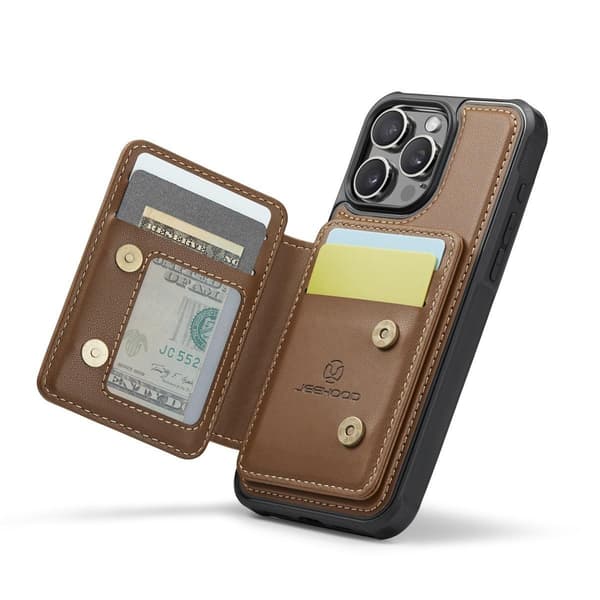 (Til iPhone 15 Pro Max) PU-læder tegnebogs etui med magnetisk kortholder og stativ til sikker opbevaring og visning sort