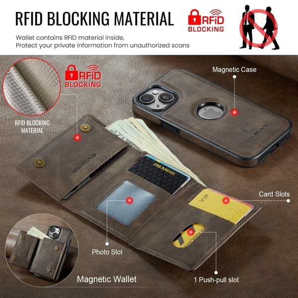 (For iPhone 16) DG.MING M6 Serien Magnetisk Lommeboketui: Avt kaffe