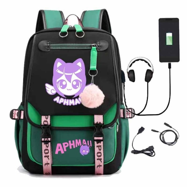 Aphmau rygsæk børne rygsække rygsæk med USB stik 1 stk grøn 3