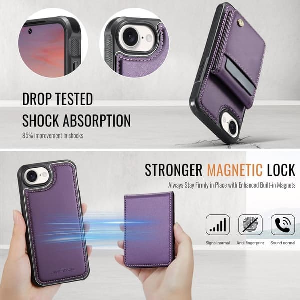 (For iPhone 16E) Magnetisk lommebokdeksel med avtakbart stativ og RFID-beskyttelse brun
