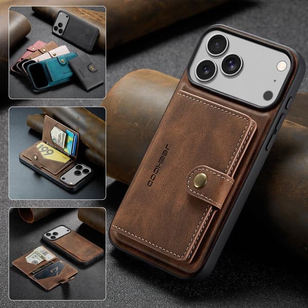 (Til iPhone 16 Plus) Magnetisk spænde pung etui med flere kortpladser og stativfunktion brun
