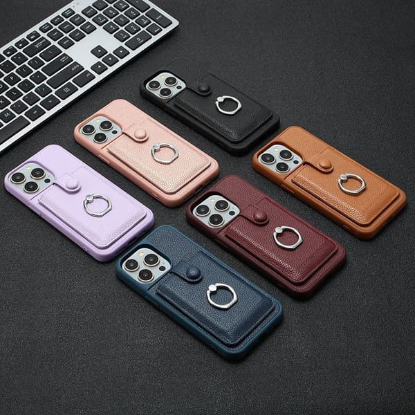 (För iPhone 15 Pro MAX) Lychee-textur dragkorts mobilfodral med Lila