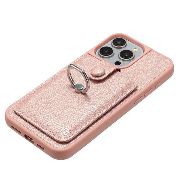 (For iPhone 15 Pro MAX) Lychee-tekstur trekkorts mobildeksel med rosa