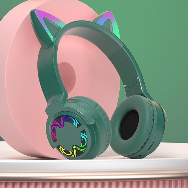 kattöron trådlösa hörlurar bluetooth led lights grön