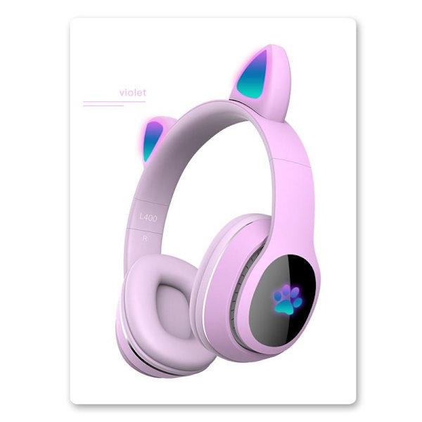 katteører trådløse hovedtelefoner bluetooth led lys violetti