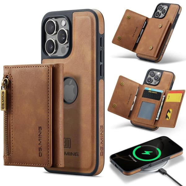 (Til iPhone 16) DG.MING M5 Series magnetisk pung-etui til t brun