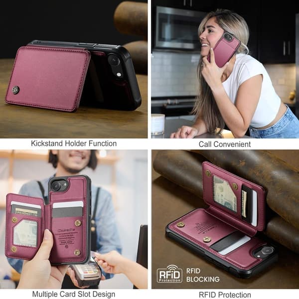 (För iPhone 14 Plus) Plånboksfodral med kortfack, kickstand och RFID-skydd i PU-läder vinröd
