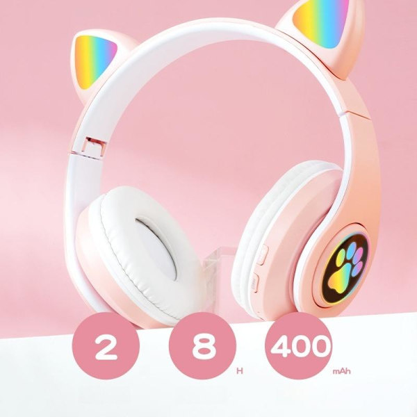 kattöron trådlösa hörlurar bluetooth led lights rosa