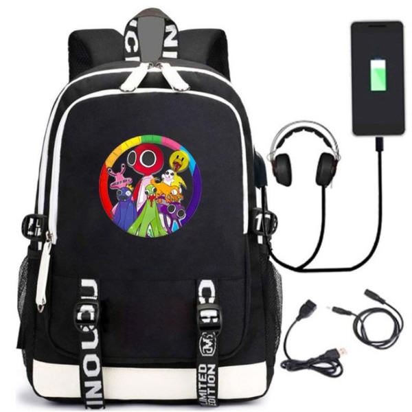 Rainbow Friends rygsæk børne rygsække rygsæk med USB stik sort