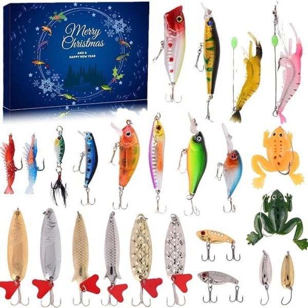 Julegaver Julekalender præsenterer nyt fiskesæt fiskeagn adv som billedet viser