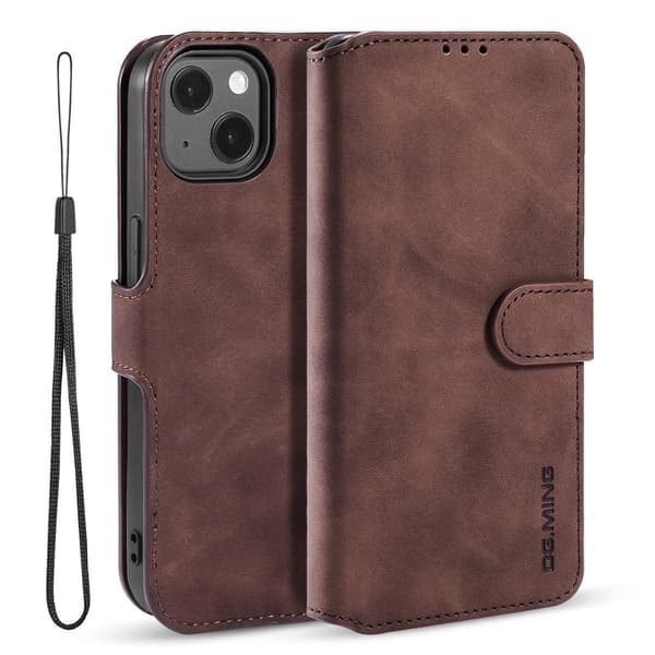 (För iPhone 12 mini) DG.MING Vintage PU-läder mobilskal med kort kaffe