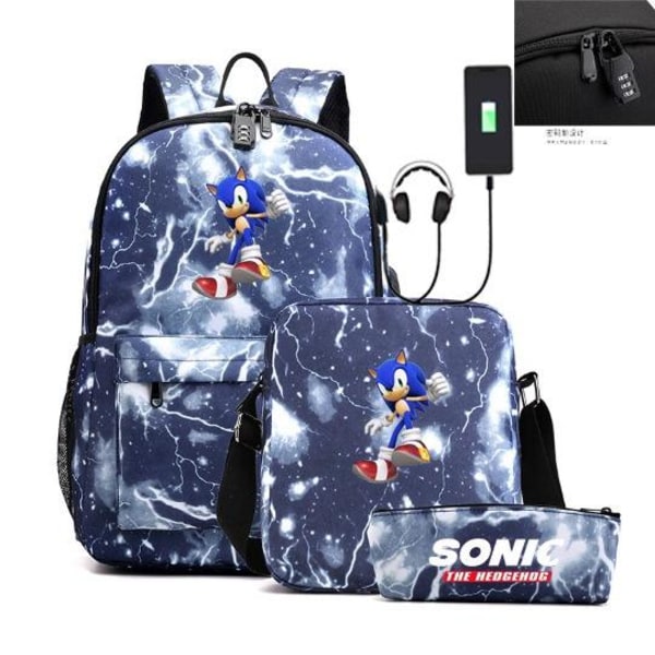 Sonic rygsæk penalhus skulderrem tasker pakke (3 stk) lynende blå