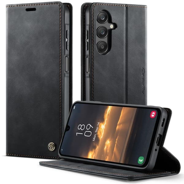 (Til iPhone 16 Plus) Tyndt tegnebogs etui til mobil med RFID-beskyttelse og stativ brun
