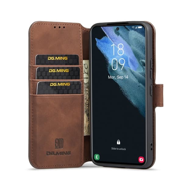 (För Samsung Galaxy A73) DG.MING Retro plånboksfodral i läder med stativfunktion, magnetlås, kortfack och handledsrem Grå