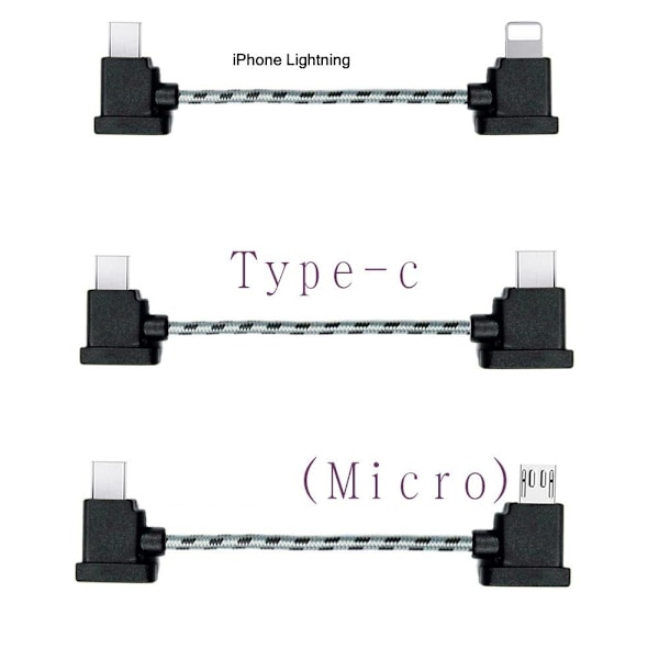 Belysning / USB Type-C / Micro-USB kabel til DJI Mavic Air2 mini2 iPhone Lightning flettet 15CM