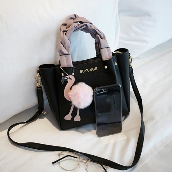 Handväska för kvinnor Axelväska PU läder lyx Flamingo Hairball T Svart