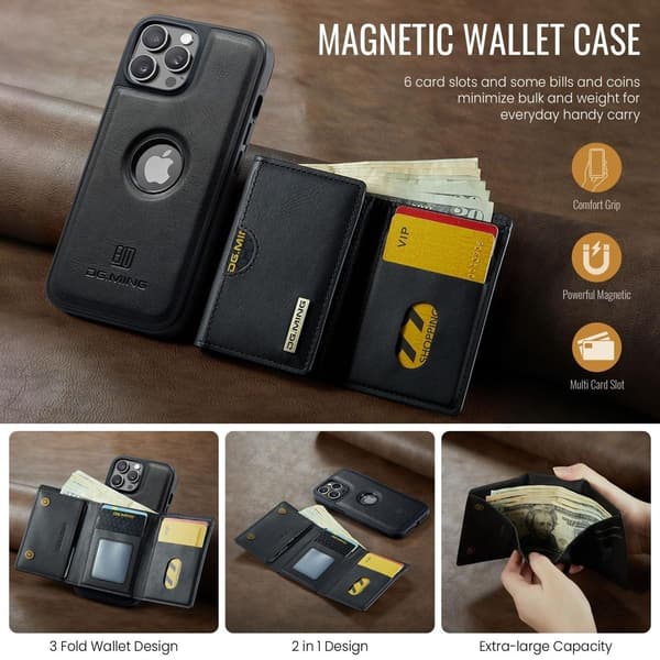 (Til iPhone 15) DG.MING M6 Serien Magnetisk Pung Etui: Aft sort