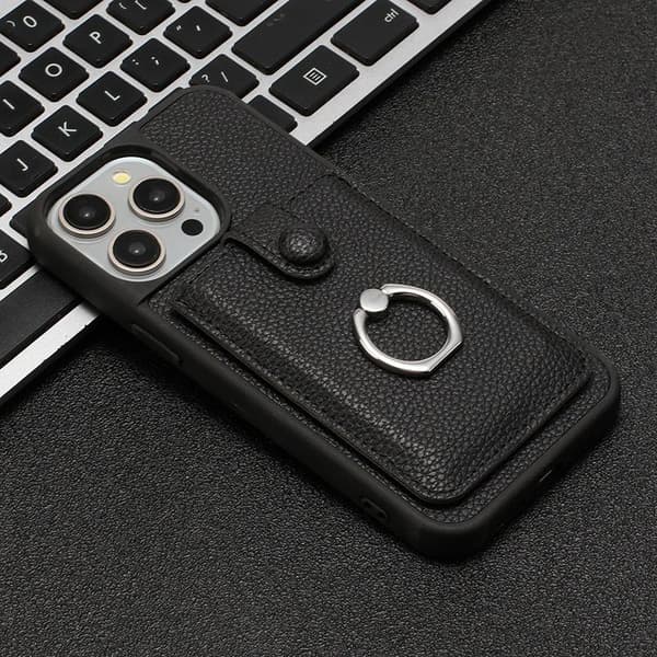 (För iPhone 15 Pro MAX) Lychee-textur dragkorts mobilfodral med svart