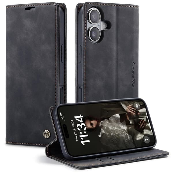 (Til iPhone 16 Plus) Luksuriøst retro ruskind og læder tegnebogs etui med stativ og kortlommer sort
