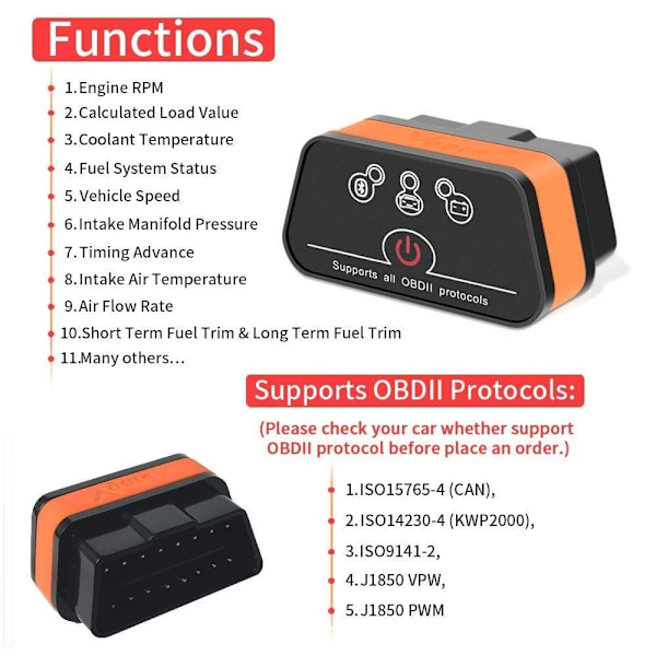 Vgate ICar2 Bluetooth bilfelsdetektor med 3.0-teknik - Skanna oc vit grön
